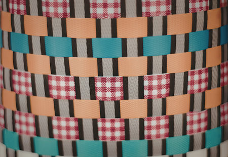A close-up image of a fabric featuring a vibrant checkered pattern with alternating colors including...