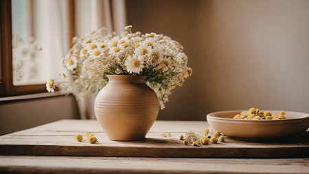 A bouquet of daisies in a rustic terracotta vase sits on a wooden table, accompanied by a small bowl of fresh fruit.の写真素材