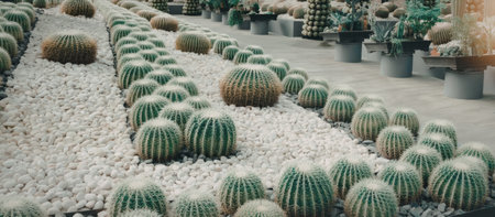 A well-organized garden featuring numerous cacti planted in rows, surrounded by white gravel. The...