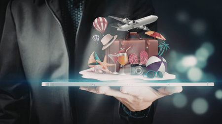 A person holding a tablet displaying various travel-related items such as a suitcase, airplane, hot...