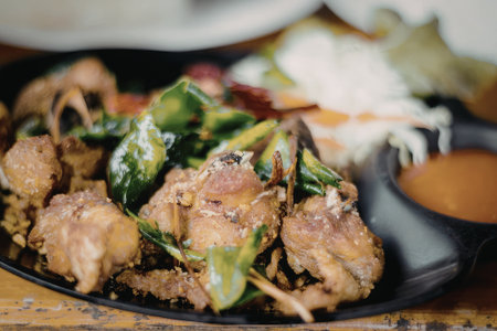A close-up of grilled chicken pieces accompanied by green vegetables and served on a plate with a side of sauce.の写真素材