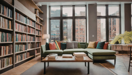 A contemporary living room featuring a green sectional sofa, a wooden coffee table, and floor-to-ceiling bookshelves filled with books. Large windows offer a stunning cityscape view, and there are potted plants adding a touch of greenery.の写真素材