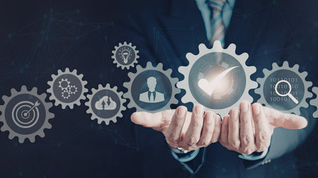A business professional is depicted managing various interconnected business processes using...