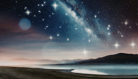 A tranquil scene featuring a serene lake reflecting the night sky filled with stars and the Milky...