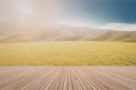 A tranquil scene featuring a wooden deck in the foreground, with lush green fields and rolling hills in the background under a bright, sunny sky.の写真素材