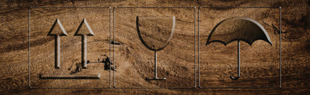 This image features three distinct symbols: an upward-pointing arrow, a wine glass, and an umbrella. Each symbol is depicted in a minimalist style against a textured background.の写真素材