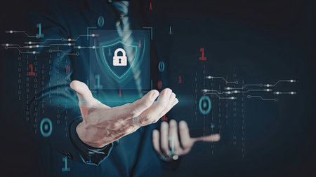 A hand interacting with a holographic interface featuring a lock icon, symbolizing data security and...