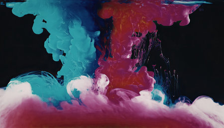 A dynamic image showcasing a burst of vibrant, neon-colored clouds against a dark background. The...