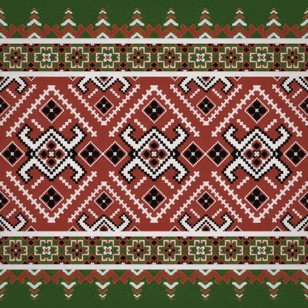This image showcases a vibrant traditional pattern featuring symmetrical designs. The pattern is set against a red background with green and white accents, creating a striking visual effect. The intricate designs include geometric shapes and floral motifs, highlighting cultural artistry.の写真素材