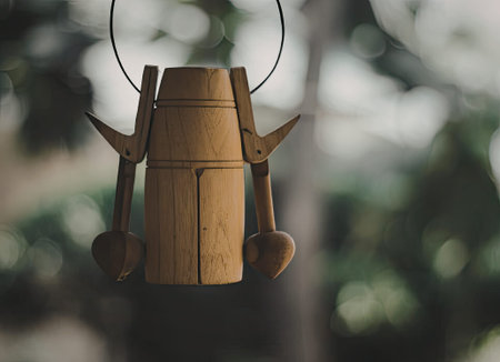A close-up of a wooden wind chime hanging from a tree branch, surrounded by lush green foliage.