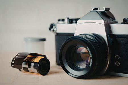 A vintage camera is prominently displayed on a wooden surface, accompanied by a film roll and another camera in the background.の写真素材