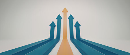 An image featuring a symmetrical arrangement of arrows pointing upwards, with a central arrow highlighted in orange and flanked by blue arrows.の写真素材