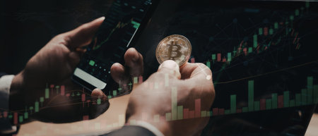 An image depicting a hand holding a physical cryptocurrency coin while pointing to a financial chart...