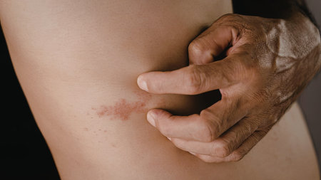 A close-up image of a hand examining a red rash on a person's skin.の写真素材