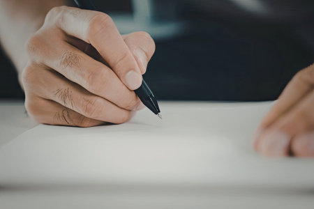 A close-up image of a person's hand holding a pen and writing on a piece of paper.