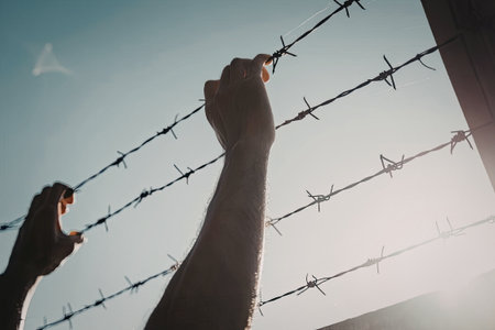 Two hands are raised against a barbed wire fence under a clear blue sky. The image conveys a sense of struggle and resistance.の写真素材