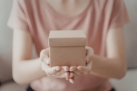A person wearing a pink shirt is holding a brown gift box with both hands. The image focuses on the gift box and the person's hands.の写真素材