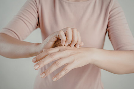 A close-up image of a person holding their hands together, possibly in a gesture of contemplation or...