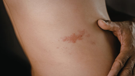 A close-up image of a person's arm showing a red rash, with a hand gently touching the affected area.の写真素材