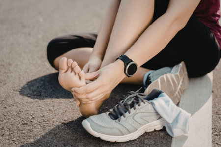 A person is seated on the ground, tying their running shoe while wearing athletic gear.の写真素材