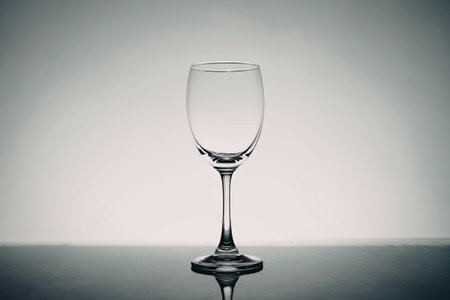 A single, empty wine glass stands alone on a reflective surface, casting a clear reflection. The background is a plain, light gray, emphasizing the simplicity and elegance of the glass.の写真素材