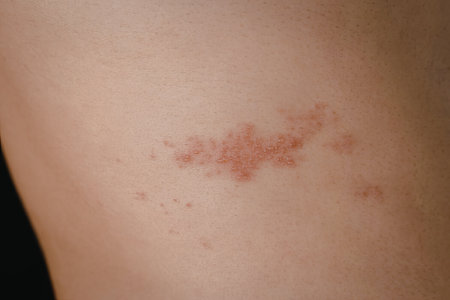 A close-up image of a person's skin displaying a red rash mark. The skin appears to be slightly irritated with visible redness and inflammation.の写真素材