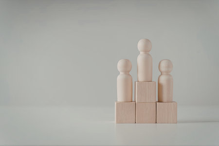An image featuring three wooden peg dolls standing on a stack of wooden blocks against a plain background.の写真素材