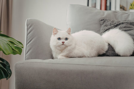 A fluffy white cat with striking blue eyes is comfortably lounging on a gray sofa. The cat appears relaxed and is positioned between two cushions. The scene is set in a cozy, well-lit room with a touch of greenery from a plant in the background.の写真素材