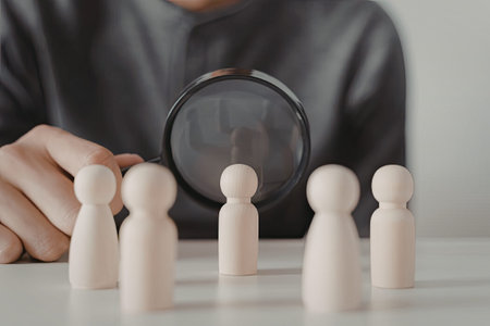 An image depicting a person closely examining a series of wooden figures using a magnifying glass....