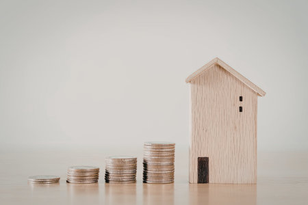 A wooden house model is positioned next to stacks of coins, symbolizing wealth and investment.の写真素材