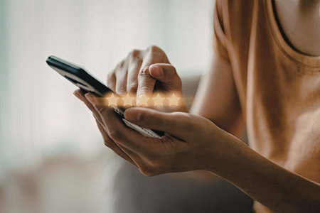 A close-up image of a person holding and using a smartphone in a dimly lit environment. The focus is...