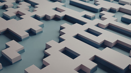 A close-up view of an abstract 3D geometric pattern featuring interlocking shapes in shades of blue and purple. The intricate design creates a sense of depth and complexity.の写真素材