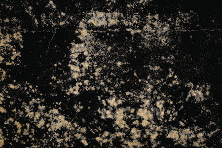 This image features an abstract textured background with a combination of beige and black colors. The texture appears to be a blend of splattered and scattered patterns, creating a visually intriguing effect.の写真素材