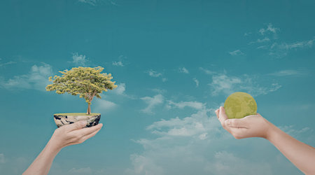 An image depicting two hands holding a small tree and an apple against a bright blue sky with fluffy white clouds.の写真素材