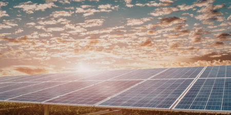 A field of solar panels aligned in rows, capturing the warm, golden light of a setting sun. The sky...