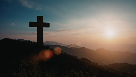 A serene landscape featuring a cross standing on a hilltop during sunset, with the sun casting a...