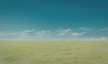 A serene and expansive green field stretches out beneath a clear blue sky with a few scattered...