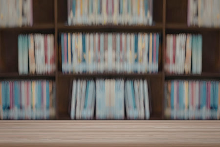 A wooden table is positioned in front of a bookcase filled with colorful books. The background is blurred, emphasizing the table and the bookshelf.の写真素材