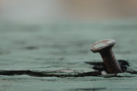 A detailed close-up of a rusty nail emerging from a weathered piece of wood, set against a blurred...