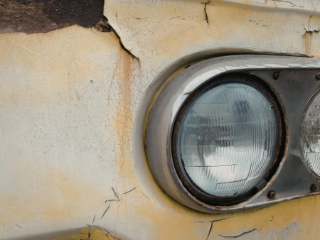 A detailed close-up of a rusty yellow vehicle headlight, showing the wear and tear of time. The headlight is encased in a metal housing, with visible rust and peeling paint around it.の写真素材