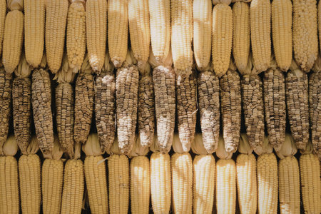 A close-up view of rows of freshly harvested corn cobs neatly arranged, showcasing their vibrant...