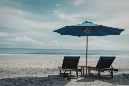 Two lounge chairs under a large blue umbrella on a sandy beach with the ocean in the background.