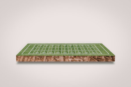 A detailed image of a green football field painted on a wooden surface, with the grid lines clearly...