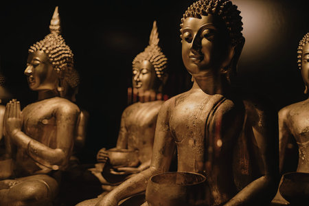 A collection of golden Buddha statues seated in a meditative pose, each with intricate details and...