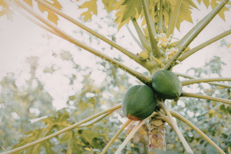 A close-up view of a green papaya growing on a tree branch, surrounded by lush green leaves and sunlight filtering through.の写真素材