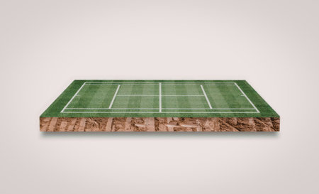 A section of green artificial turf with visible seams and a textured brown backing, likely used for sports fields or landscaping.の写真素材