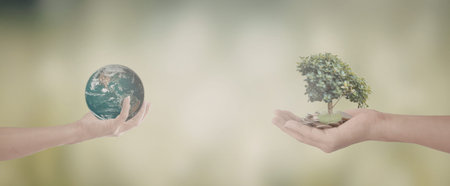 An image depicting two hands, each holding a symbolic representation of the Earth and a tree,...