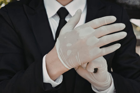 A man dressed in a formal suit and tie is wearing clear gloves that have a white substance on them....