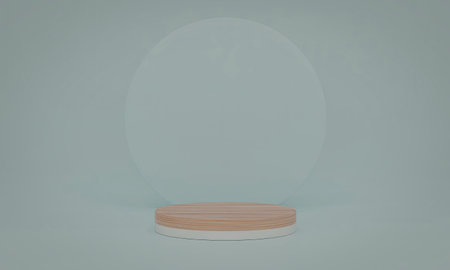 A minimalist wooden pedestal stands alone under a soft, glowing light. The light creates a gentle halo around the pedestal, highlighting its smooth, natural wood texture and simple design.の写真素材