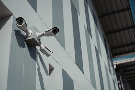 The image depicts a close-up view of multiple security cameras mounted on the exterior wall of a...